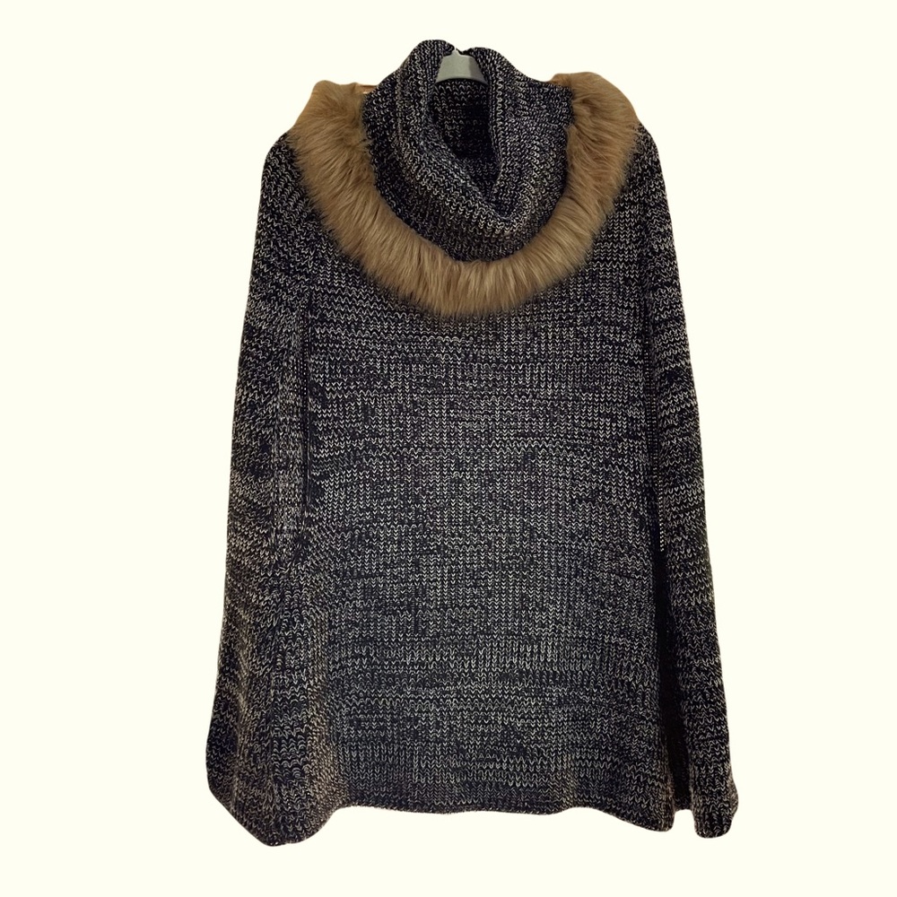 Do Everything in Love Knitted Poncho With Faux‎ Fur Cowl Neck